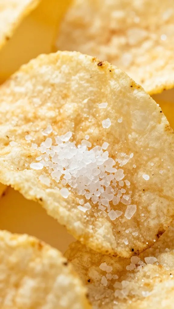 salt crystals on crispy chip, macro shot