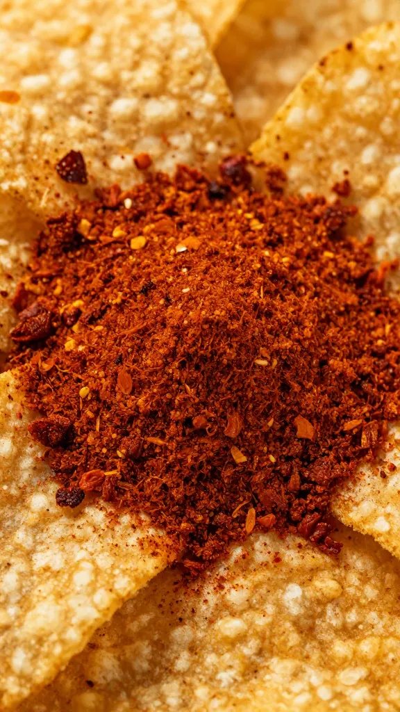smoked paprika dust on chip surface, closeup