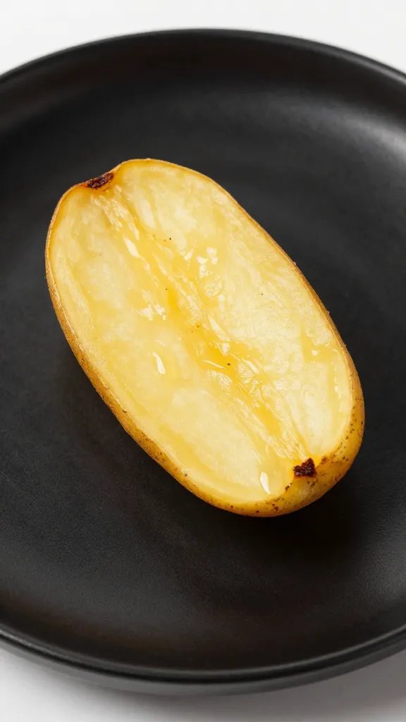 single golden potato wedge, crispy, on matte black plate