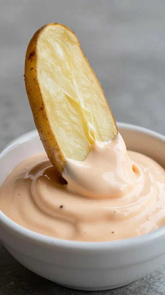 single potato wedge dipped halfway in Buffalo dip