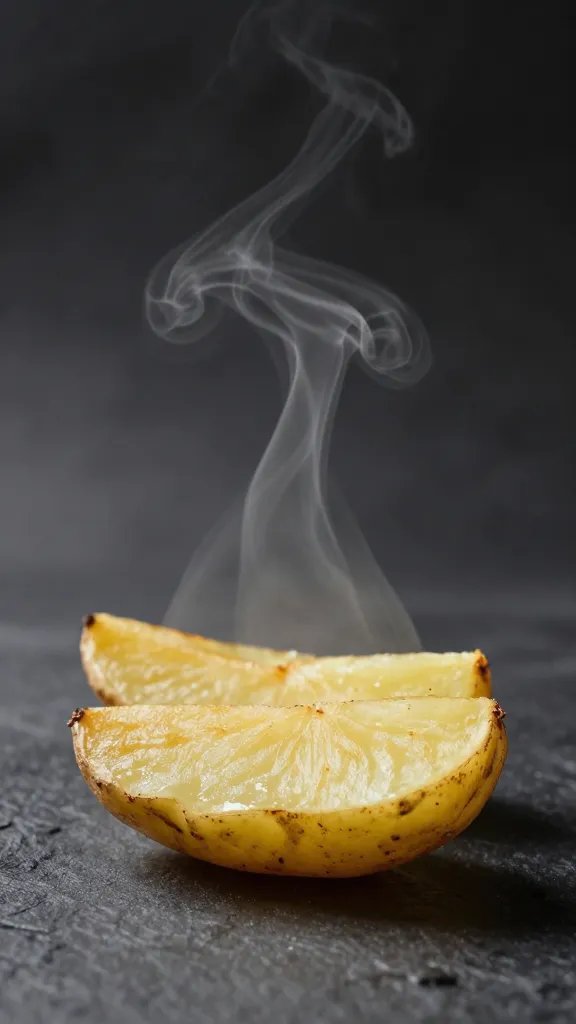 potato wedge with steam, against dark textured background