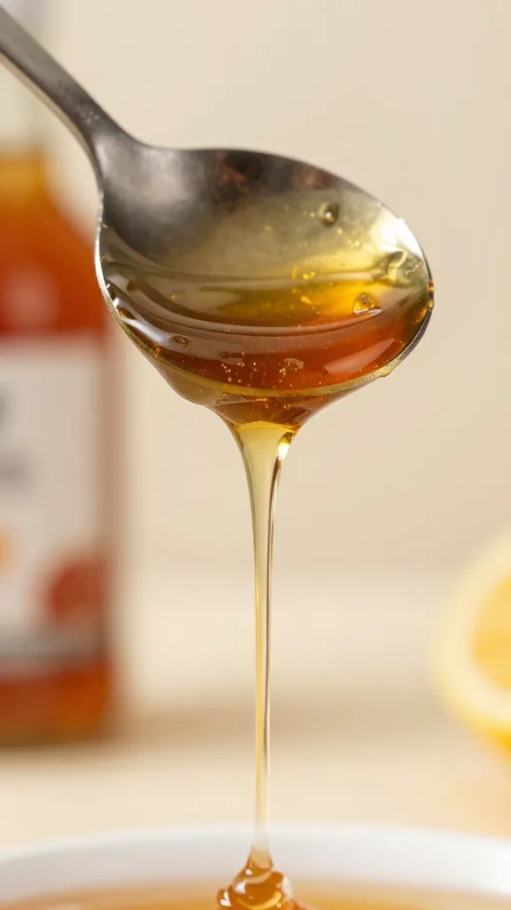 closeup of honey fire cider glaze dripping from spoon