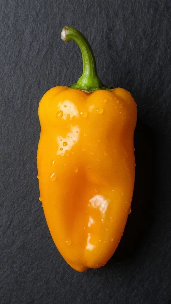 single habanero pepper on black slate, dewy and vibrant