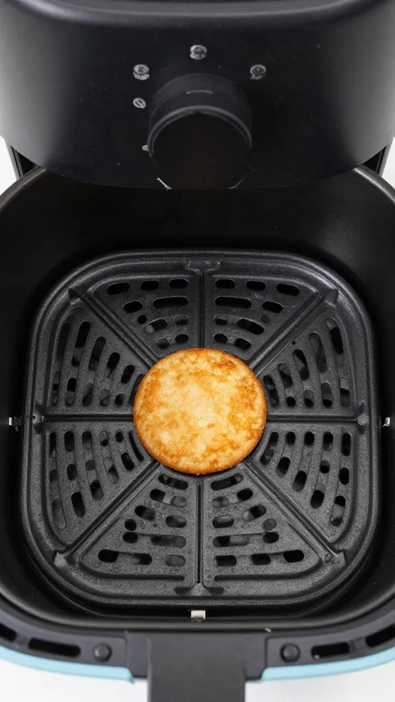air fryer basket with one golden crisp centered