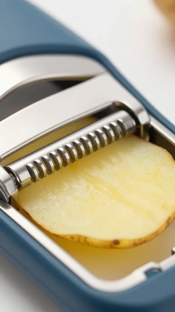 mandoline slicing one potato wafer, tight macro