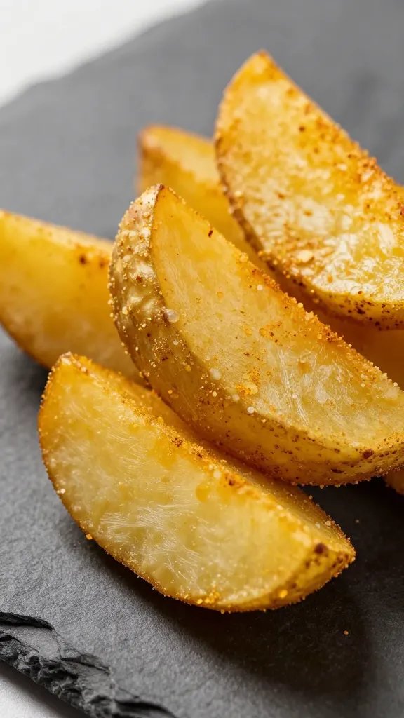 closeup of ghost pepper dusted potato wedge on slate plate