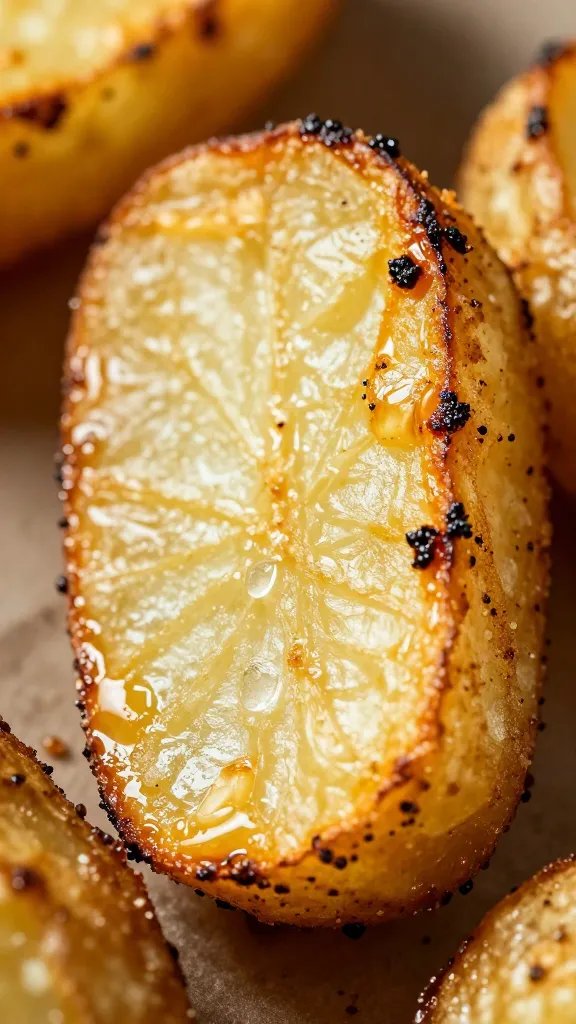 single air-fried potato wedge with blistered skin, macro shot