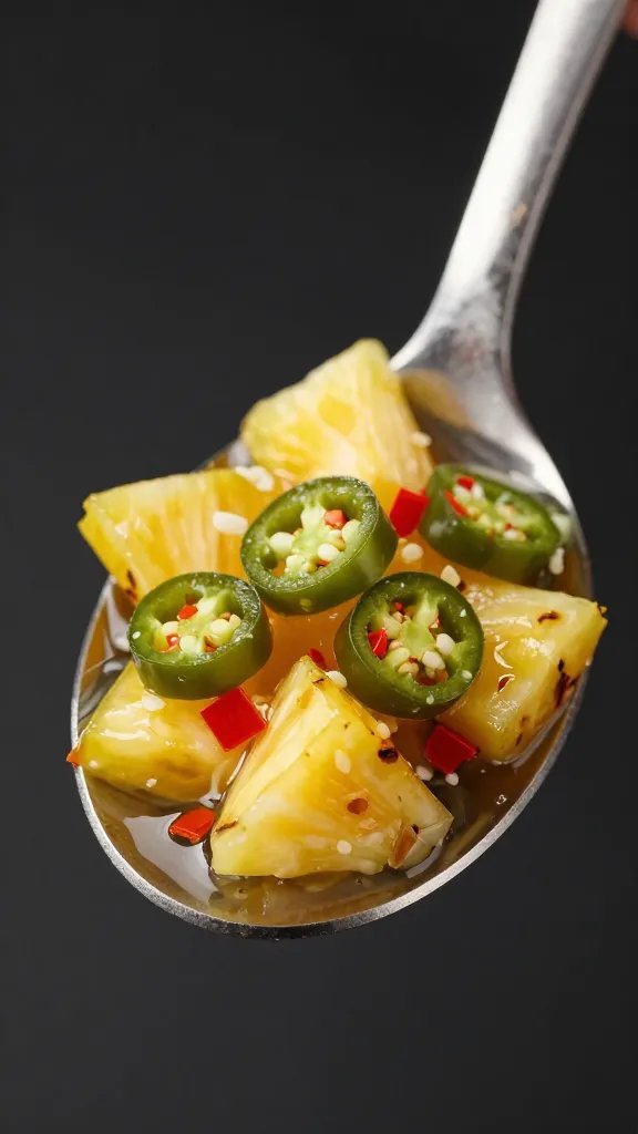 pineapple jalapeño salsa spoon, glossy closeup on black background