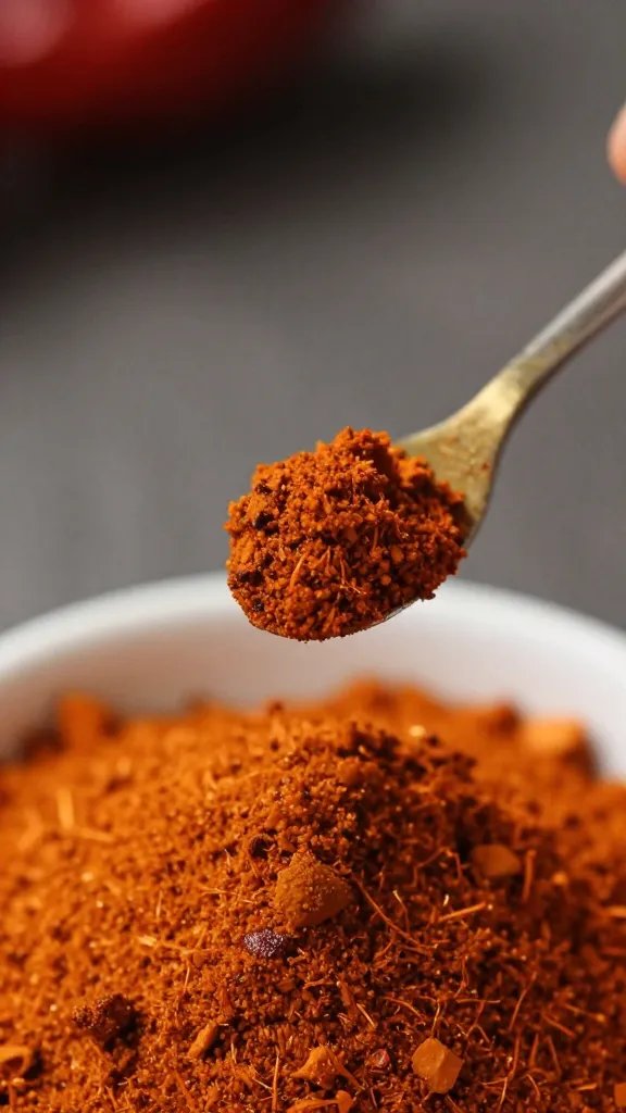 bhut jolokia powder pinch on chef’s fingertip, macro