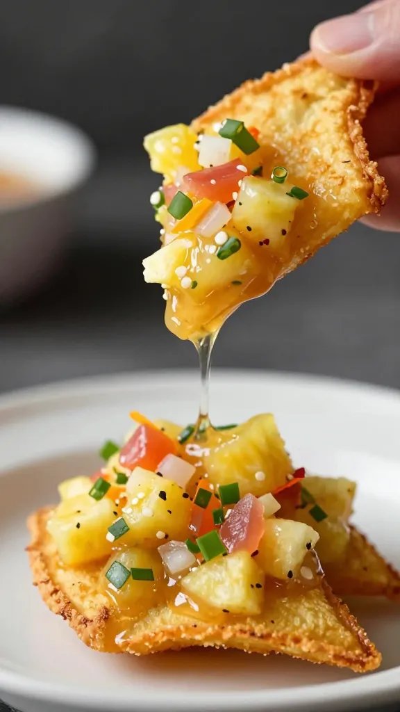 crispy wedge dipped in pineapple salsa, dripping closeup