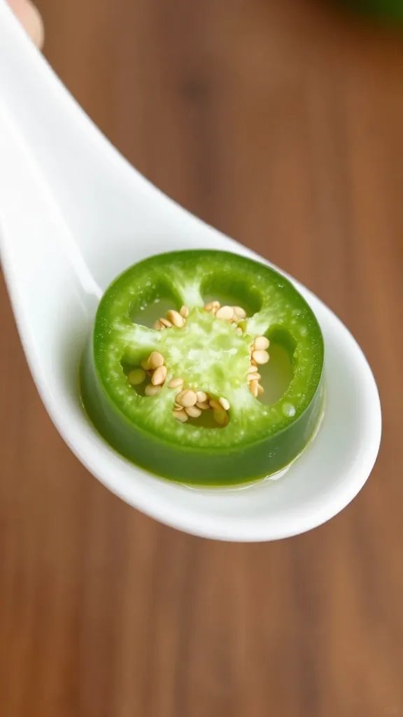 jalapeño slice with visible seeds on white ceramic spoon