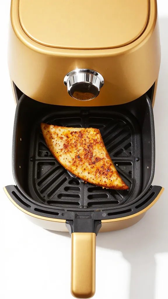golden air fryer basket with one seasoned wedge, top-down