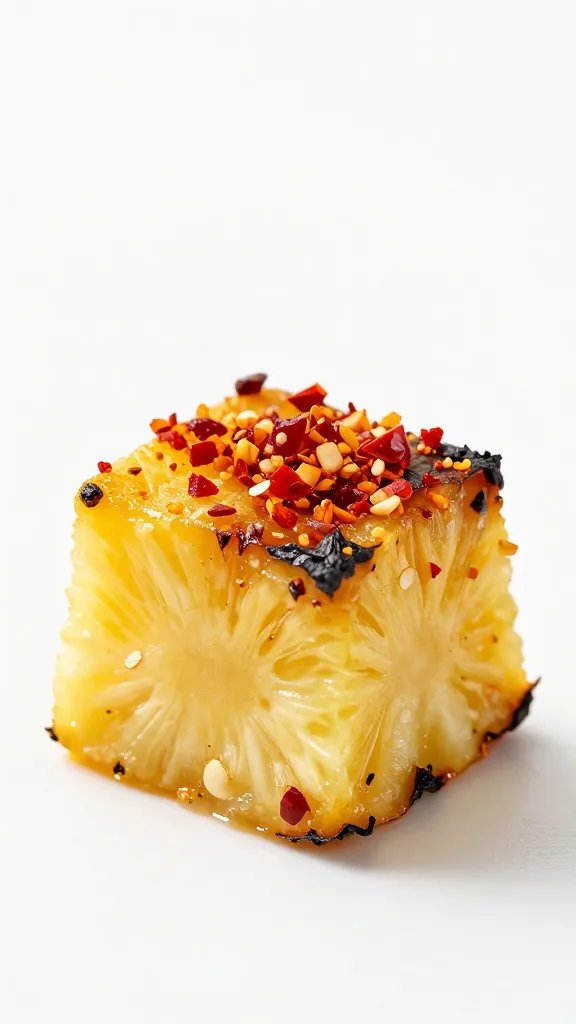 charred pineapple cube with chili flakes, macro studio light