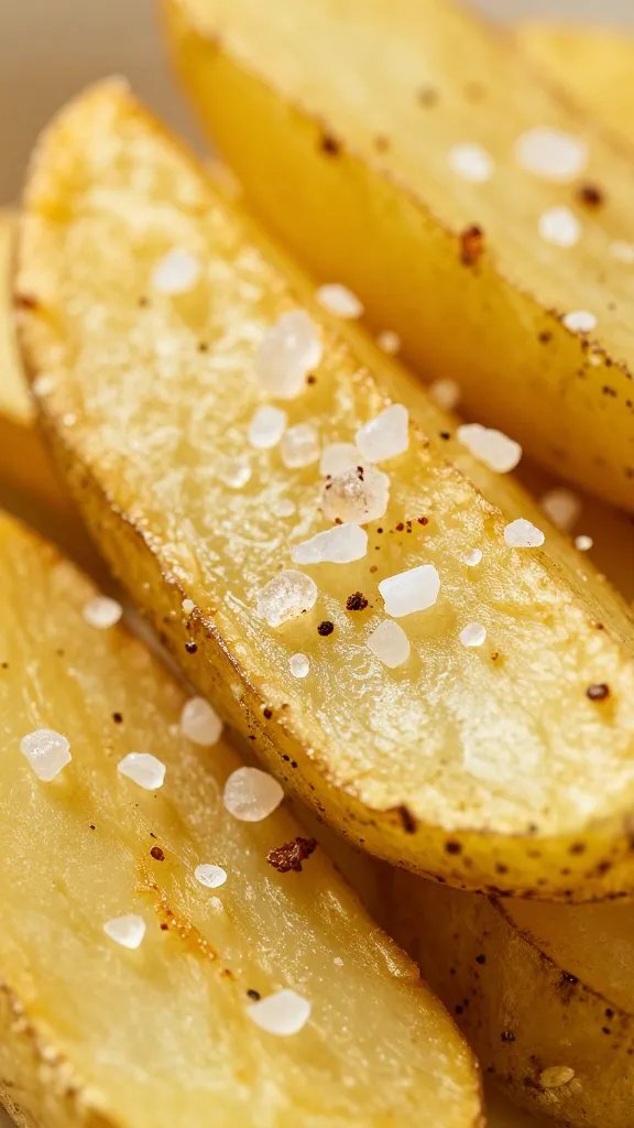 smoked sea salt crystals on potato wedge surface, extreme closeup