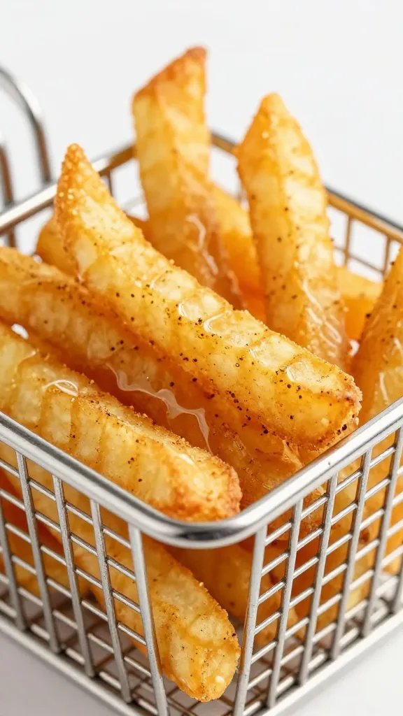 closeup of air-fried spice fries in metal basket