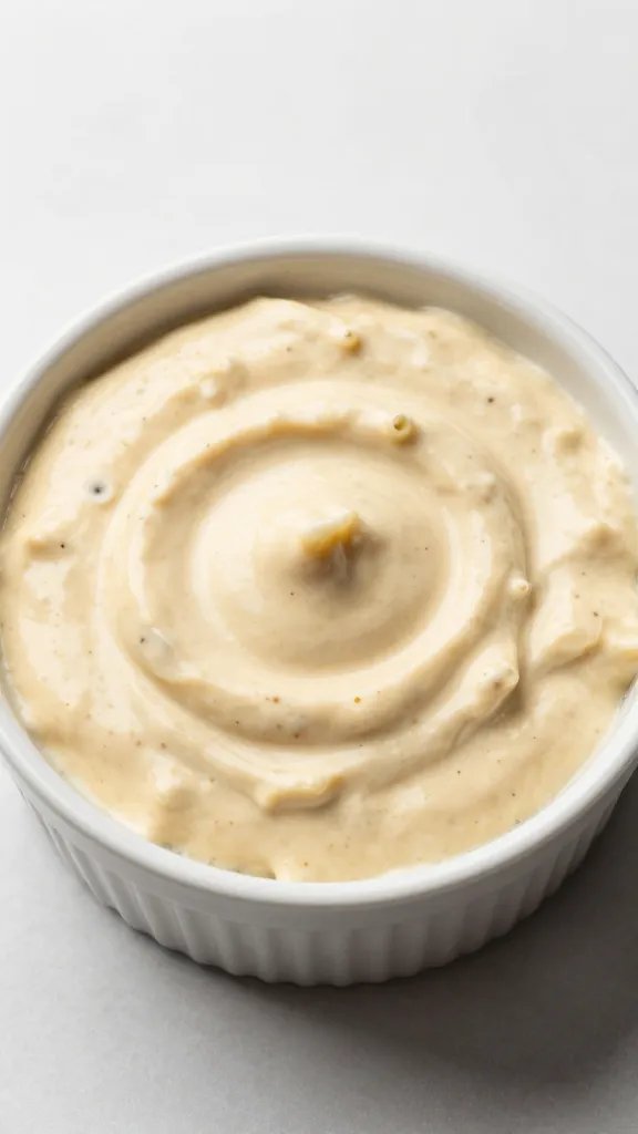 single ramekin of creamy pickleback dip, overhead