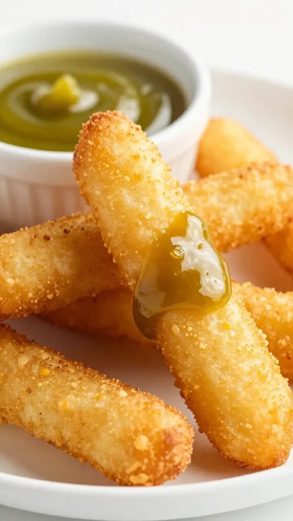 golden fry dipped halfway in pickleback sauce