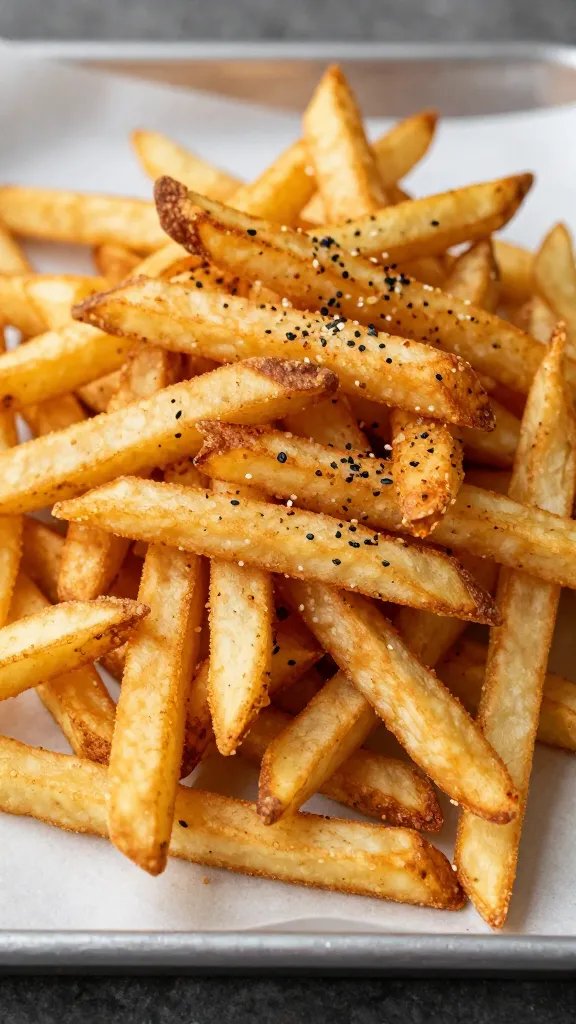 mound of seasoned fries on parchment-lined tray