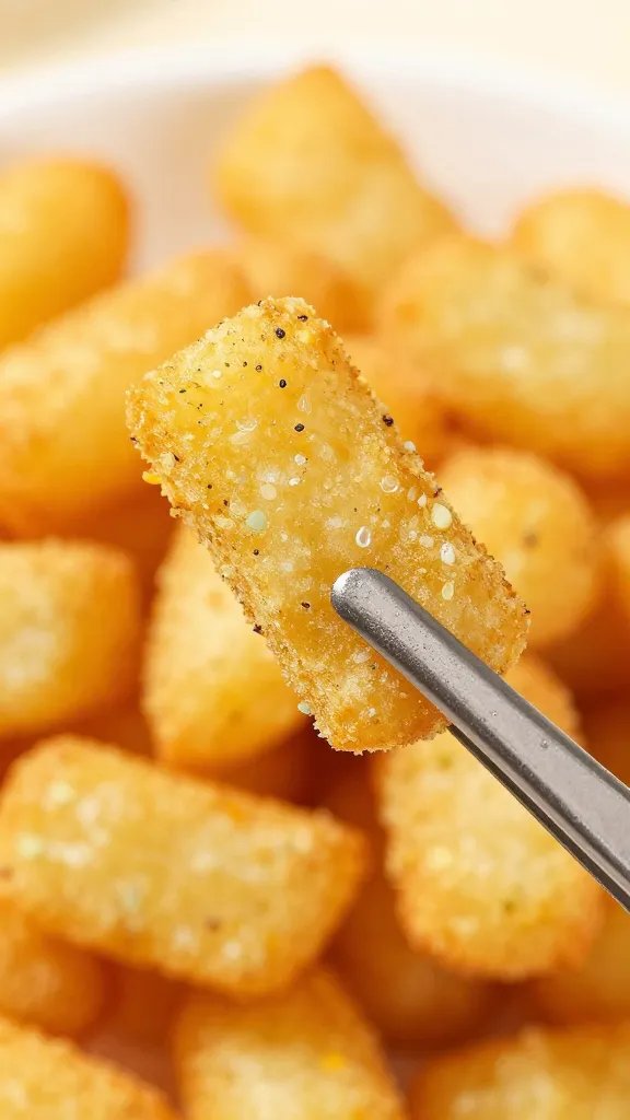 spice-dusted fry held with tweezers, macro