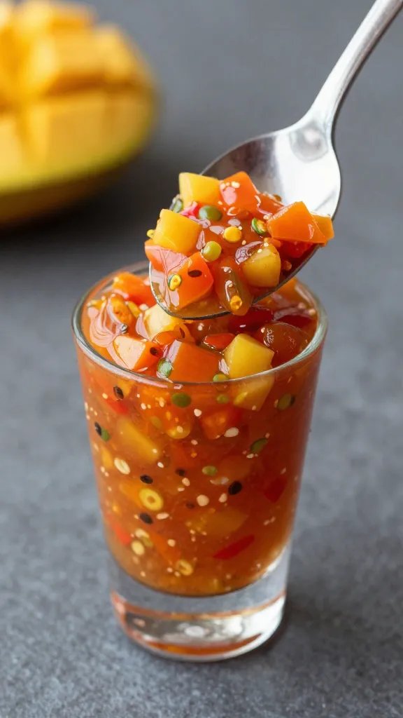 spoonful of mango habanero salsa, macro shot