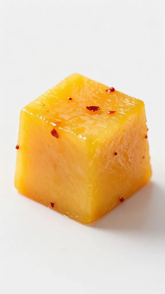 single diced mango cube with chili flakes, macro