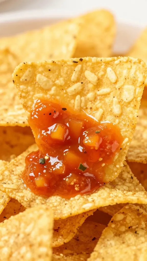 tortilla chip dipped in mango habanero salsa, closeup