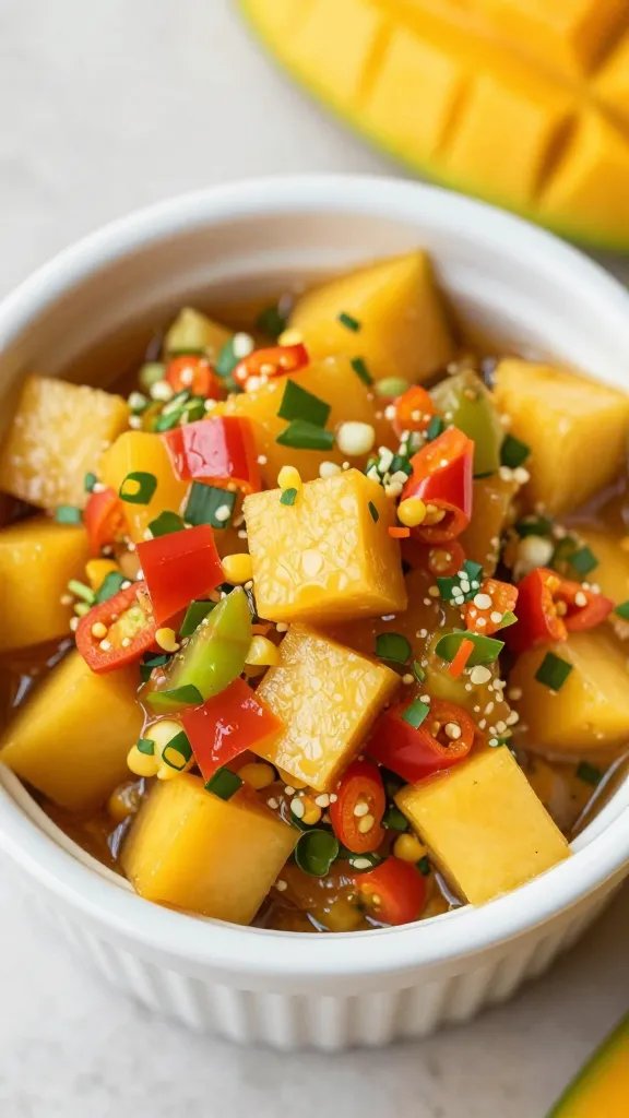 small ramekin of mango habanero salsa, overhead closeup