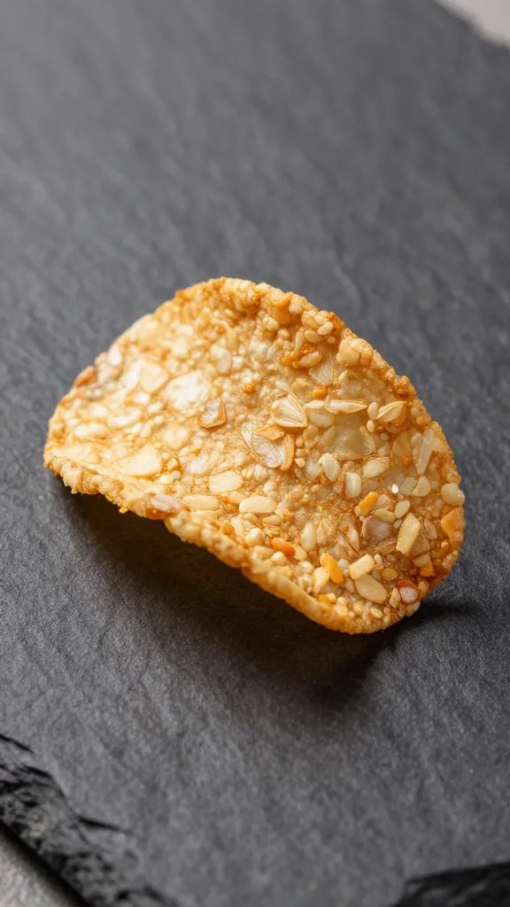 single golden garlic chip on dark slate surface