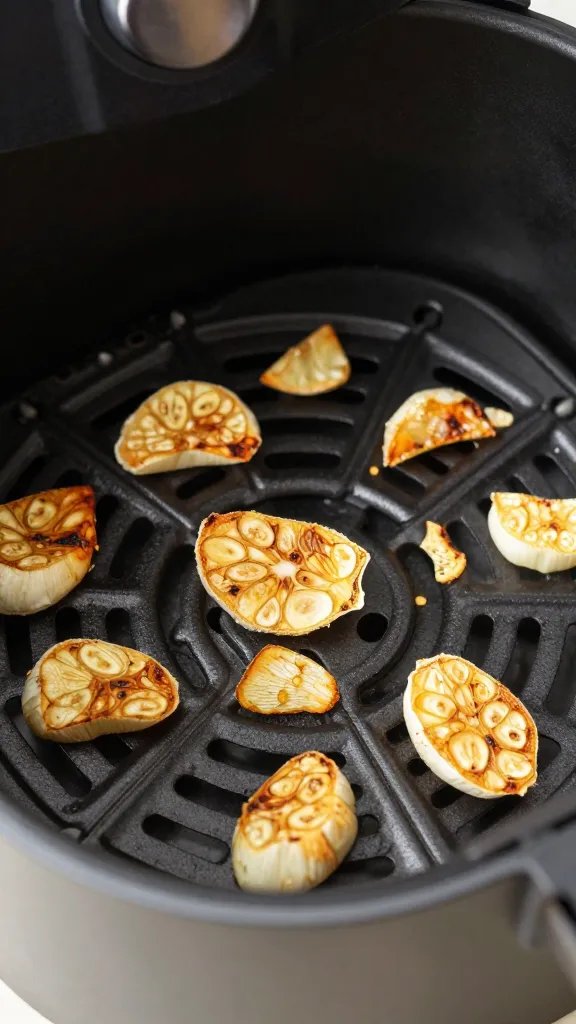 air fryer basket with crisp garlic slices closeup