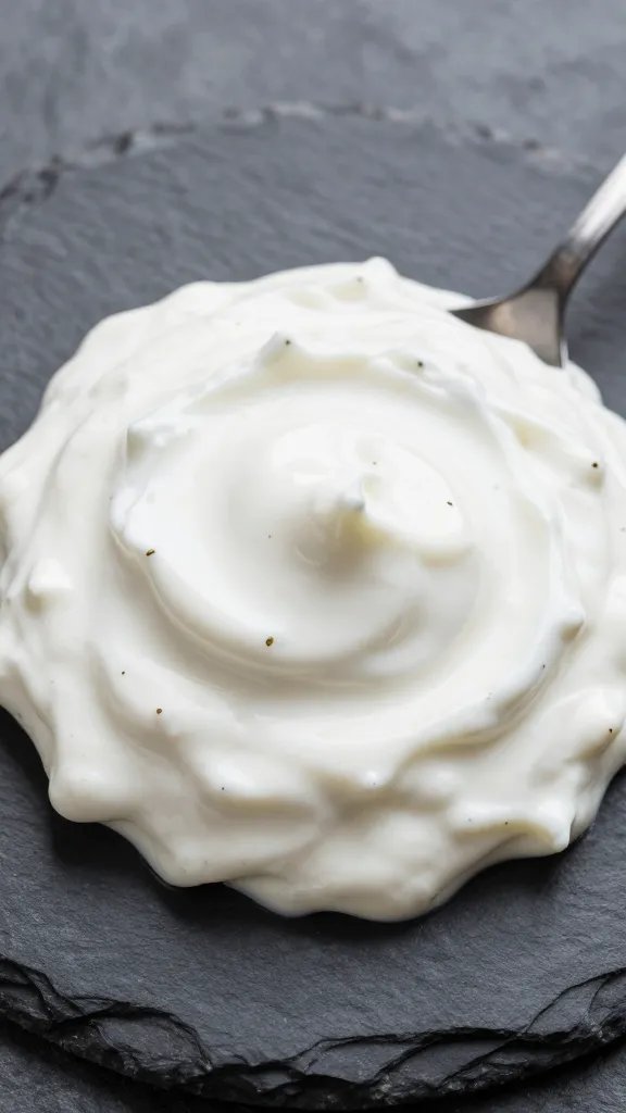 spoonful of herbed yogurt dip on slate