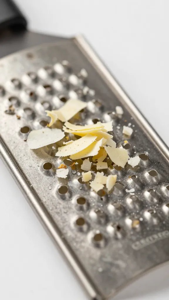 microplane grater with garlic shavings closeup