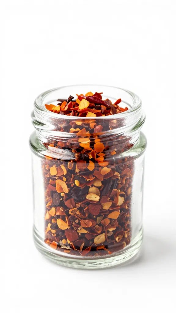small glass jar of chili flakes macro