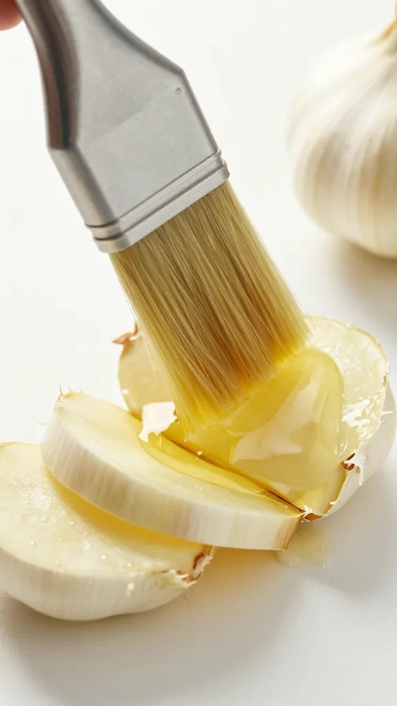 brush applying oil to sliced garlic closeup