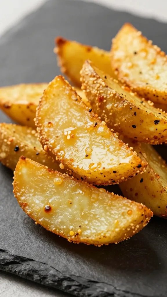 closeup air-fried scorpion chilli potato wedge on slate