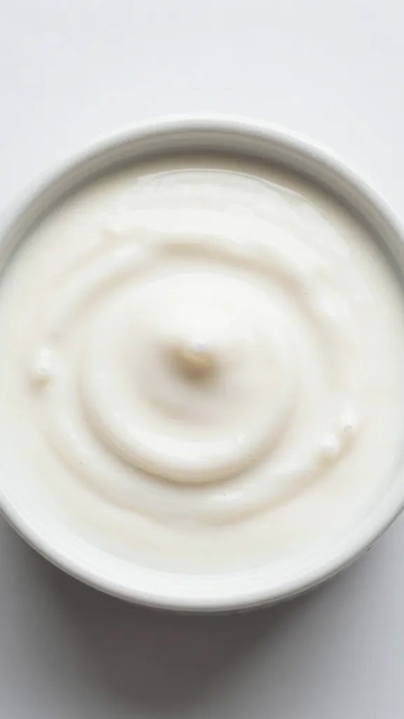 coconut milk dip in small ceramic ramekin, overhead