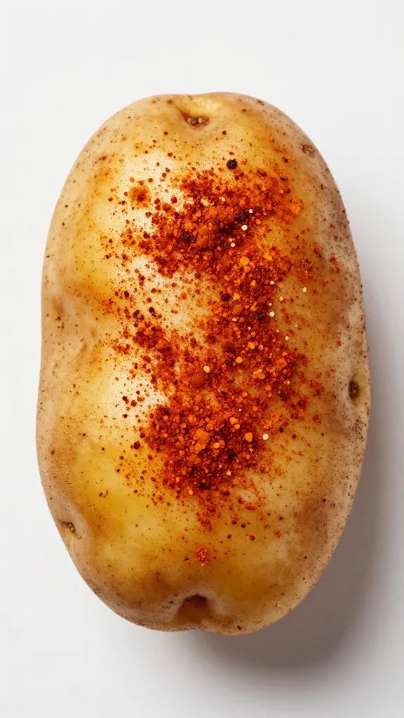 russet potato half dusted with scorpion chilli powder