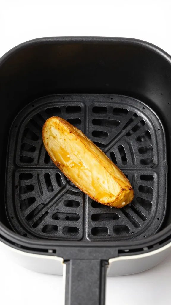 air fryer basket with single golden potato wedge