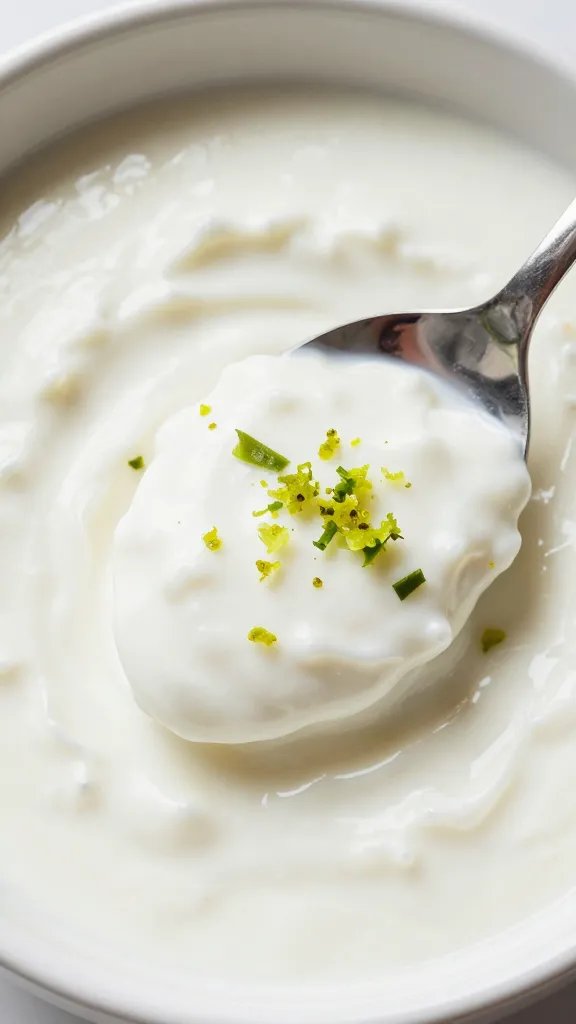 spoonful of coconut milk dip with lime zest flecks