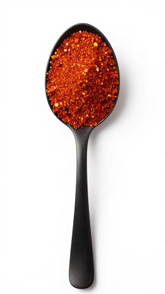 scorpion chilli powder mound on matte black spoon