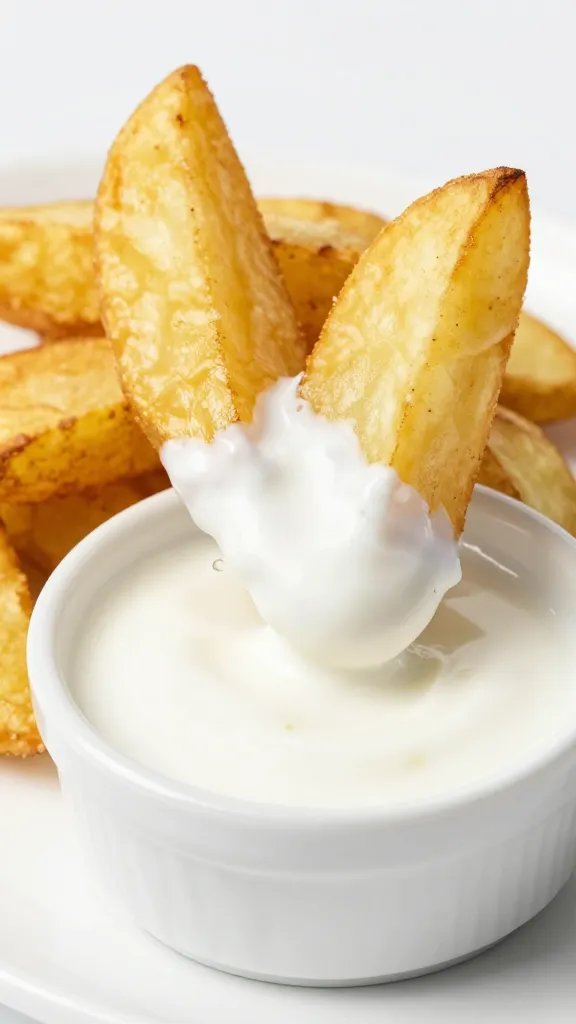 crispy potato wedge dipped halfway into coconut sauce