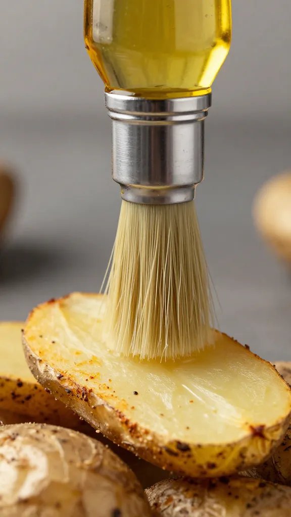 brushed oil bottle nozzle above seasoned potato wedge