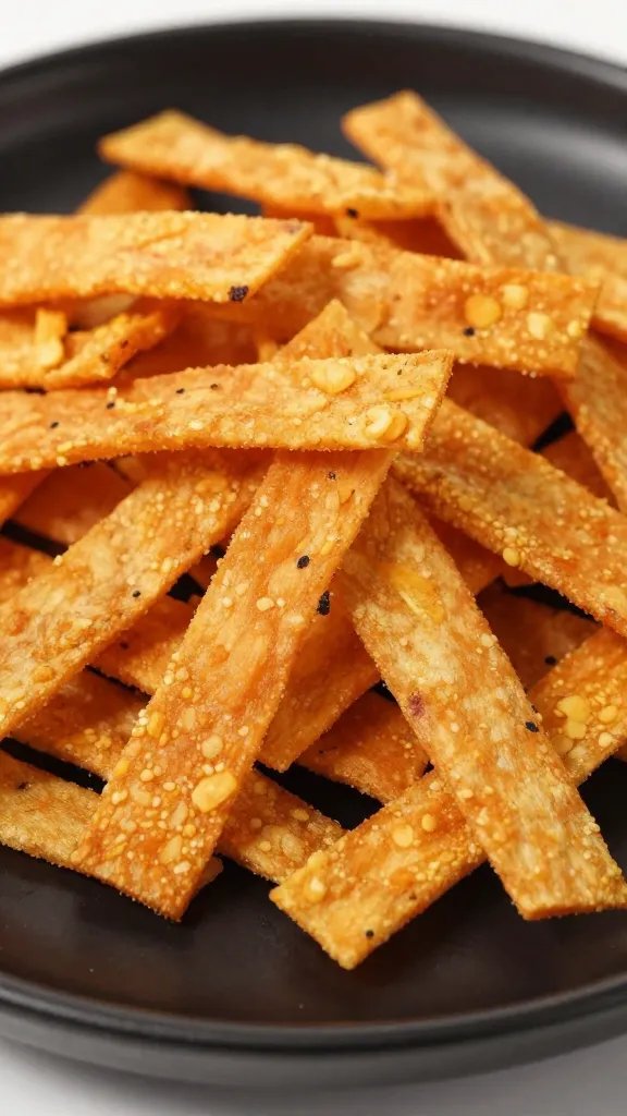 closeup of firecracker sweet potato crisp on matte black plate