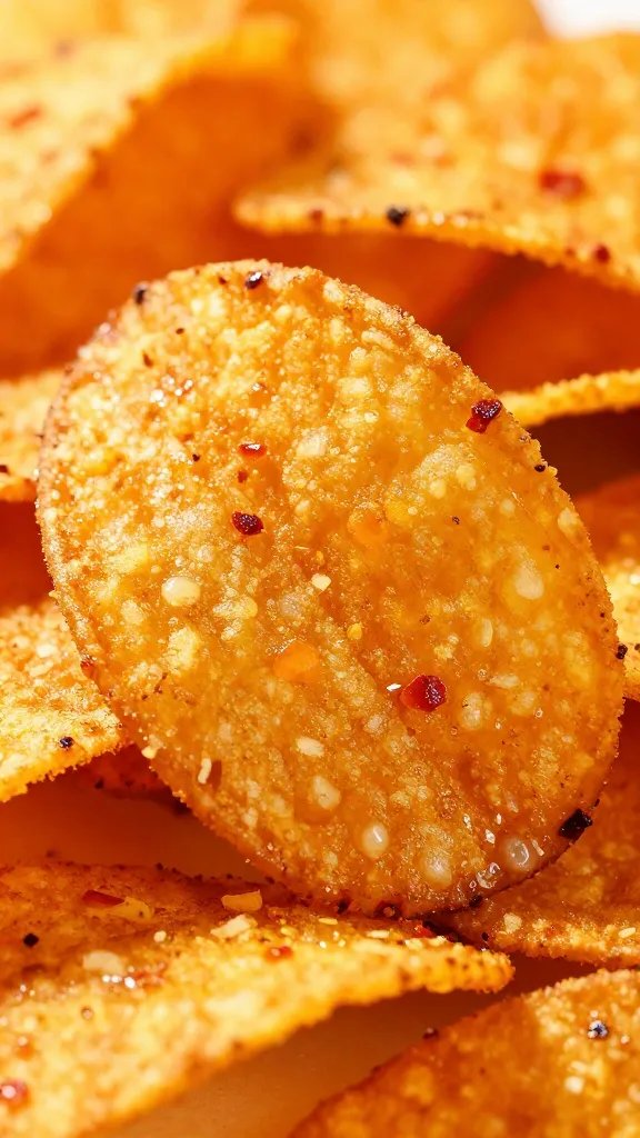 single glazed sweet potato chip with chili flakes, macro