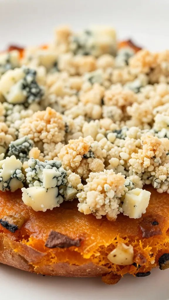 blue cheese crumble atop one sweet potato crisp, closeup
