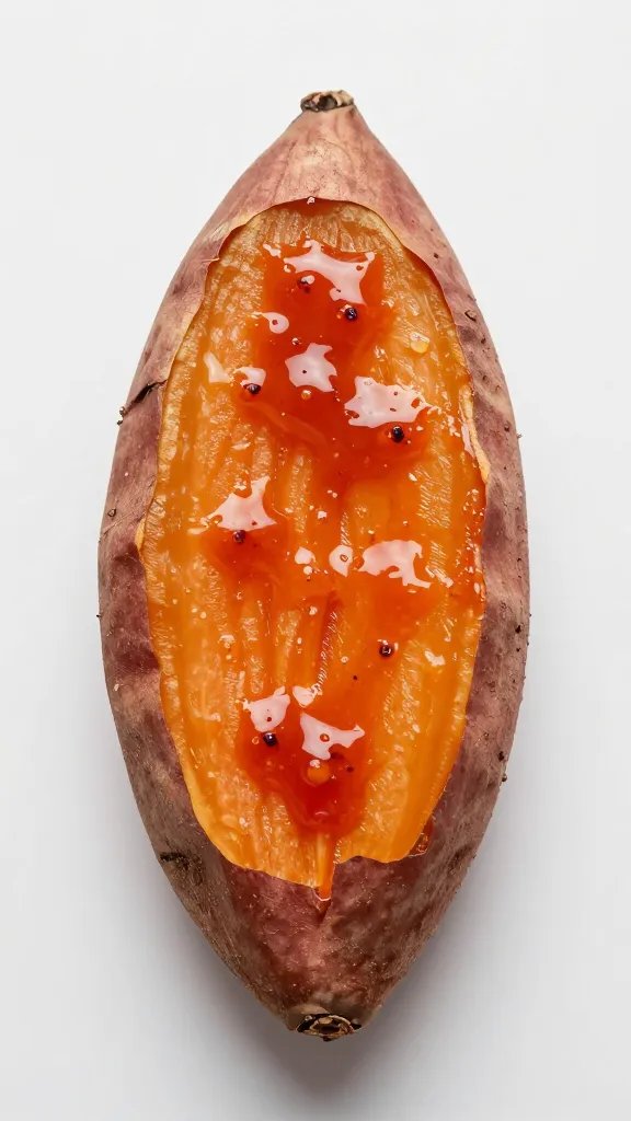 sticky spicy glaze brushed on single sweet potato round