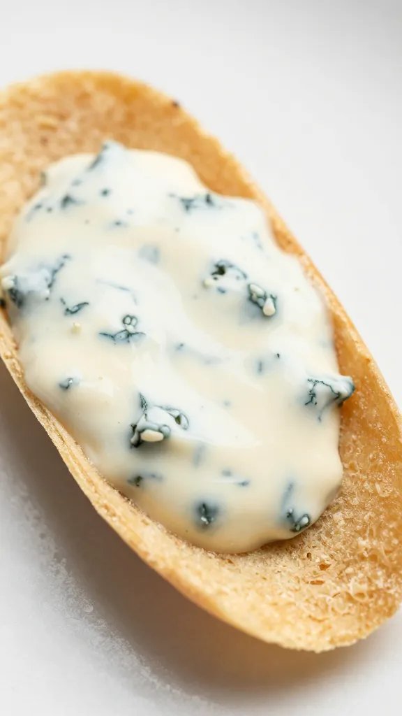 single crisp dipped halfway in blue cheese sauce, closeup