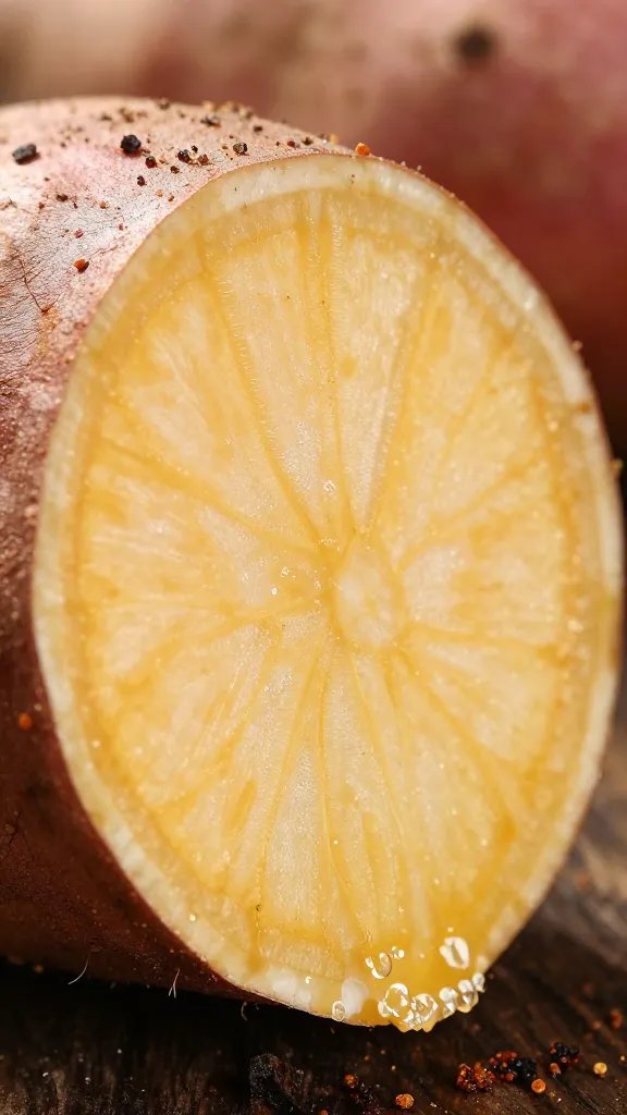 cross-section of thick sweet potato round, pre-fry seasoning closeup