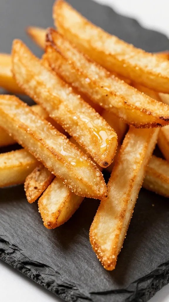 closeup of crispy Carolina Reaper fries on black slate