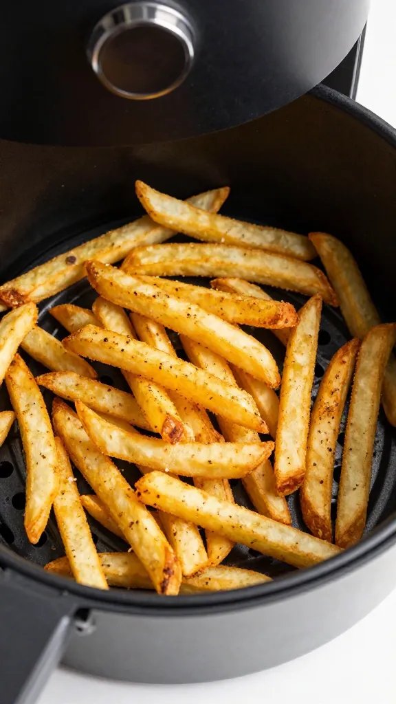air fryer basket with golden reaper-seasoned fries