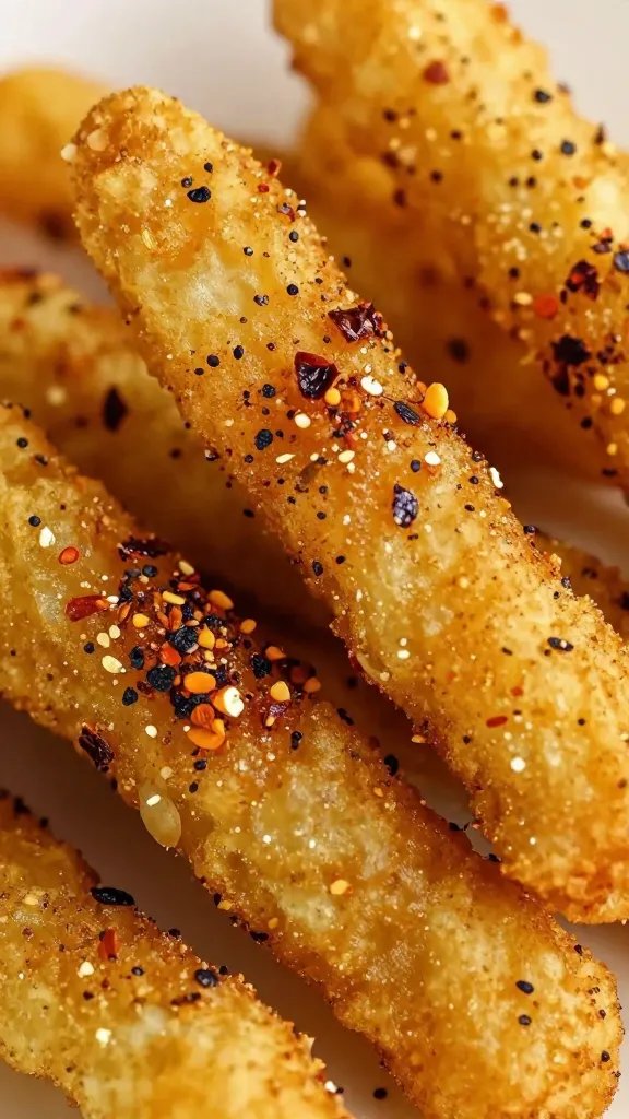 closeup of spice-dusted fry with visible chili flakes